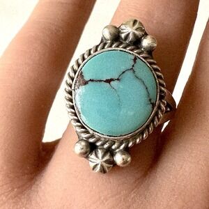Navajo Turquoise Ring Sz 9 Signed R Native American Handmade‎ Sterling Siver
